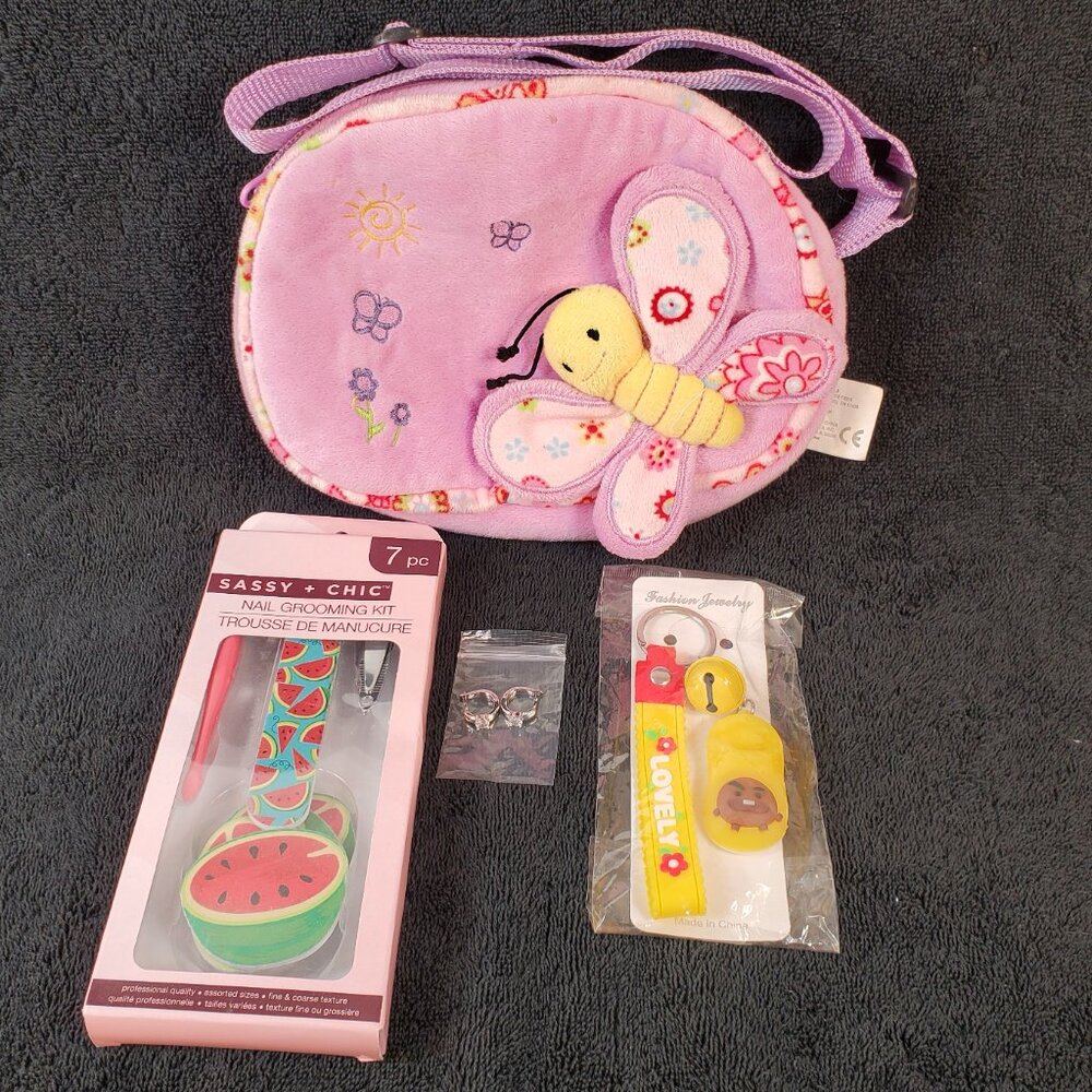 Girls Butterfly Purse, Nail Grooming Kit, Key Chain and Earrings.